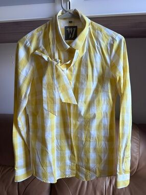 Women's Yellow & White Gingham Tie-Neck Button Down Shirt